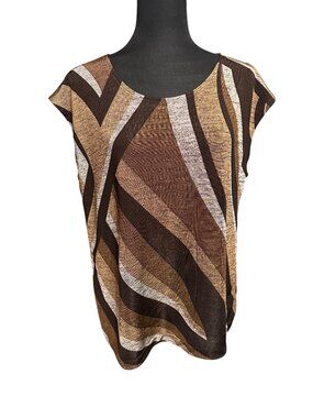 Chico's Shirt Size 2 L Travelers Brown Gray Cap Sleeve Short Sleeve Workwear